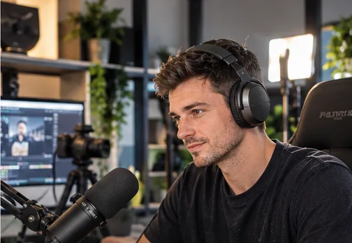 Der Streamer mit Kopfhörern an Mikrofon und Streaming-Setup