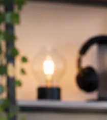 Beleuchtete Schreibtischlampe LuminaFlex mit Edison-Glühbirne auf einem Regal