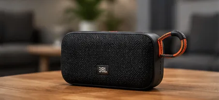 Kompakter Bluetooth-Lautsprecher BoomBox Mini auf einem Wohnzimmertisch